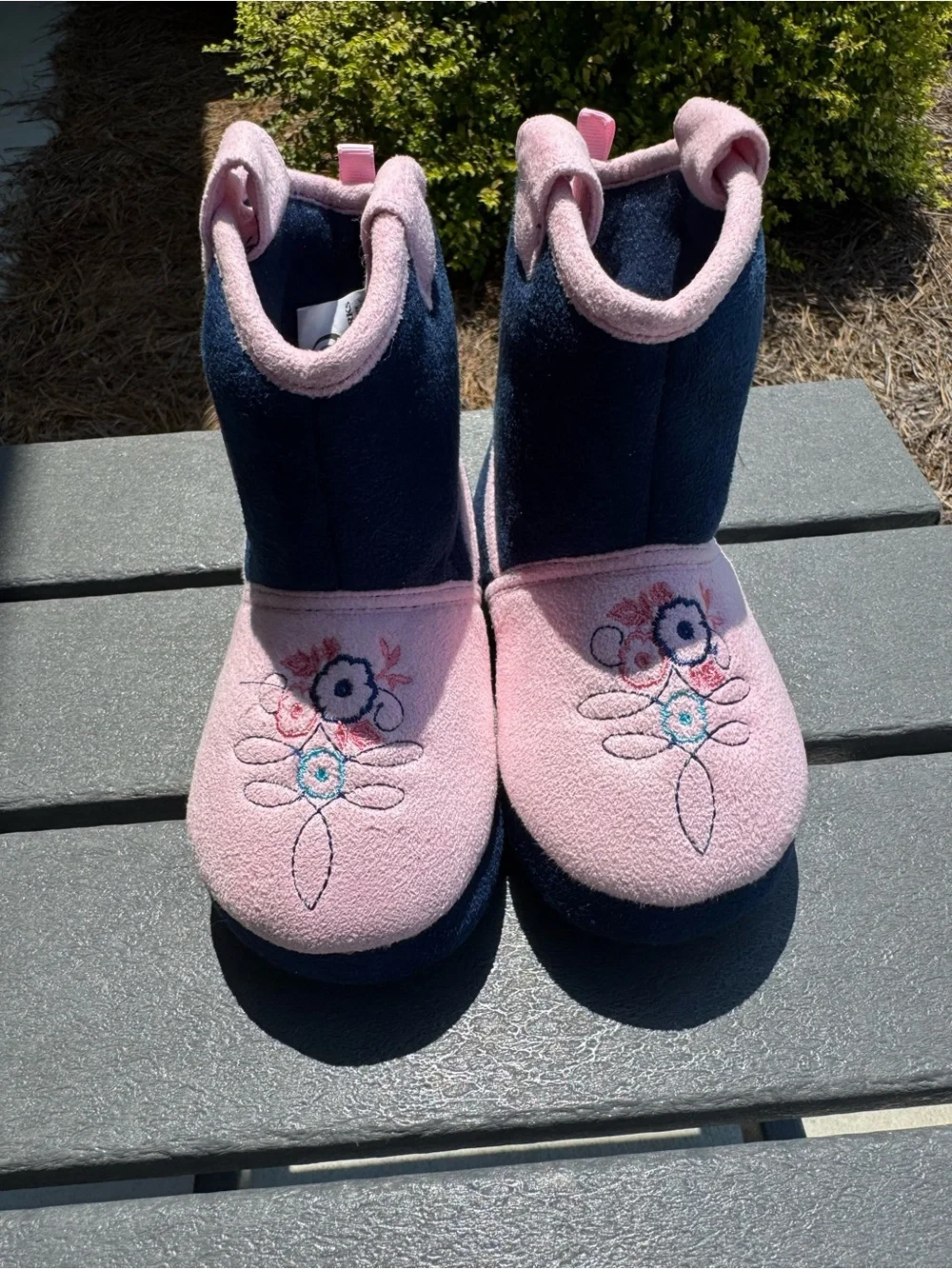 Kids Pink and Navy One-Piece Slipper Boots with Lucky and Spirit Patch
